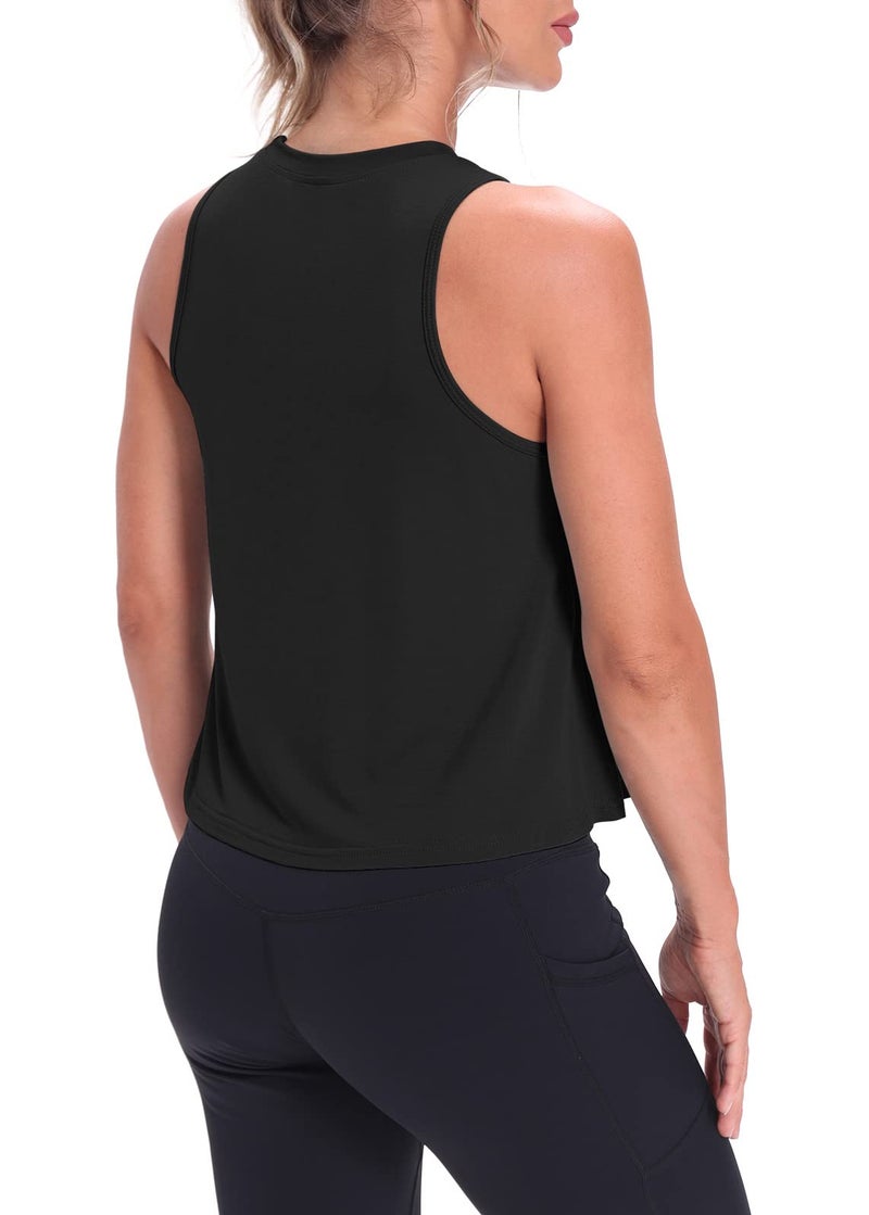 Mippo Cropped Tank Flowy Crop Top Workout Shirts High Neck Tank Athletic Shirts Loose Workout Tops for Women Black XL - Image 3